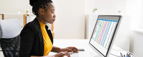 Professional reviewing spreadsheets and data on computer.