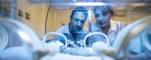 Parents of a premature infant gaze into an incubator